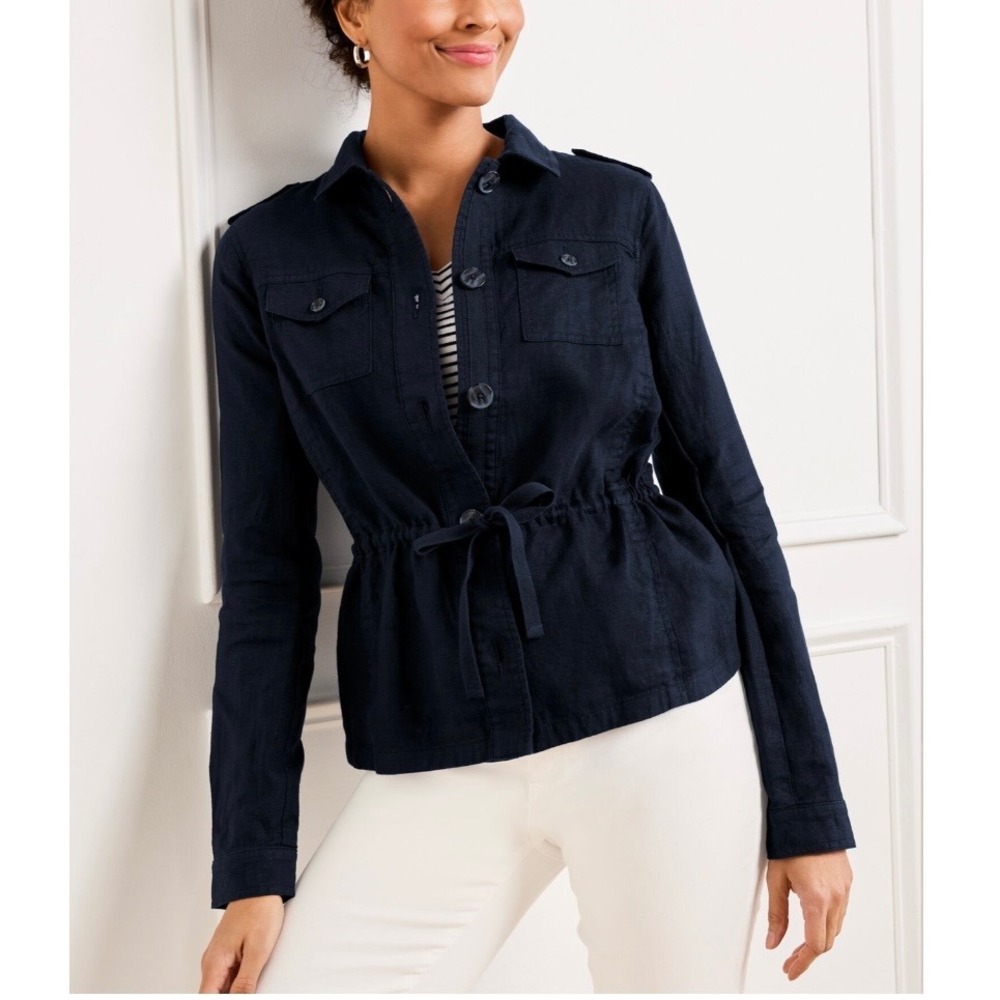 Talbots Washed Linen Shirt Jacket Button Navy Utility Casual Cinch Waist XL $179
